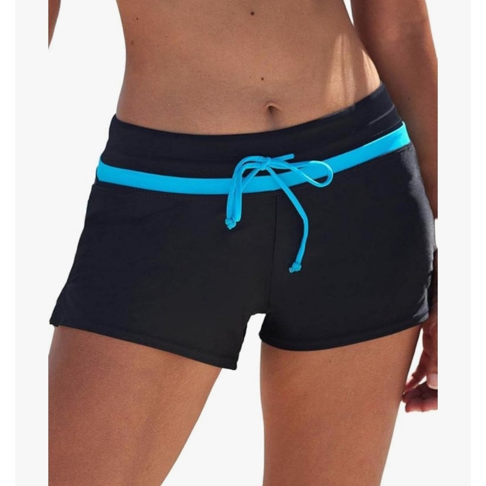 Womens Black Swim Shorts Turquoise Blue Trim Drawstring Board Shorts Size Medium